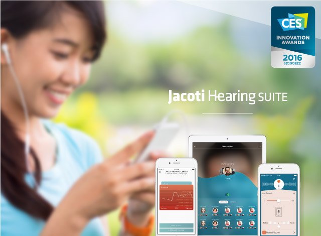 Woman holding an iphone and wearing earpods. Screen mockups of Jacoti Hearing Center, Jacoti Listenapp and Jacoti Lola